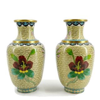 Vintage Chinese Cloisonne Enamel Vases Yellow,  Red Orchids,  Blue Birds