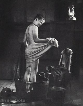 1958 Vintage Old Fashion Bath Wooden Wash Tub Boy Cabin Louis Ell Photo Gravure