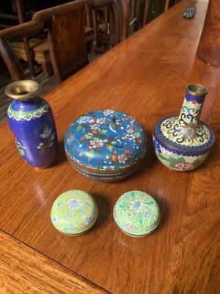Antique Chinese Five Bronze Cloisonne Box And Vase Qing China Asian