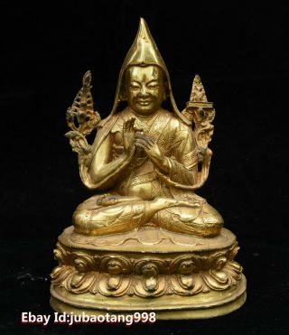 8” Old Tibetan Buddhism Temple Bronze Gilt Je Master Tsongkhapa Buddha Statue