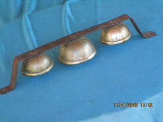 Antique Vintage 3 Bells Mounted On Bar Metal Carriage Sleigh Cart