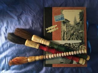 Antique Chinese Or Japanese Calligraphy Brushes With Bone And Stone Handles