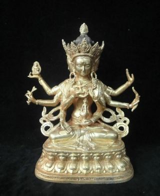 Chinese Tibetan Old Gilt Bronze 3 Heads 8 Hands " Guanyin " Buddha Statue