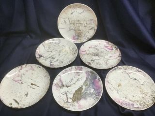 Sascha Brastoff California Surf Ballet Pink Gold Set 6 Salad Plates Vintage Mcm