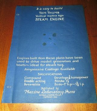 Vintage Blueprint Plan 1945 Tom Thumb Marine Steam Engine Tug Boat Groton