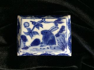 Rare Antique Chinese Blue & White Porcelain Ink Box Hare Hallmark Rabbit Insect