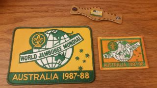 16th World Jamboree Australia 1987 - 88 Pin On Leather Woggle Slide 2 Patches Bsa