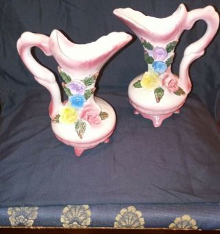 Porcelain Pink And White Pitchers 3 - D Pink Yellow Purple Blue Roses Set Of 2
