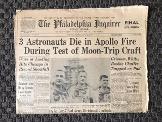 January 28,  1967 Philadelphia Inquirer Apollo 1 Newspaper Grissom White Chaffee