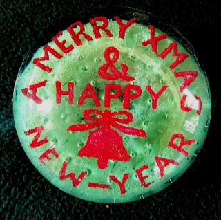 Vintage Glass Paperweight " Merry Christmas And Happy Year " Cond.