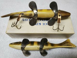 Vintage Ice King Spearing Decoys From Bear Creek co.  One with crimped hooks - box 2