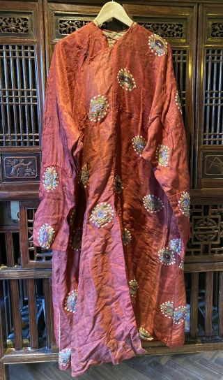 19th C Chinese Silk Embroidery Gown Roundels Decoration 2