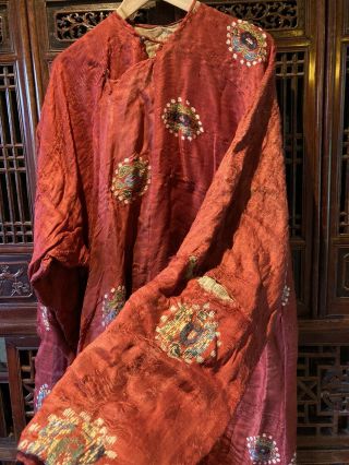 19th C Chinese Silk Embroidery Gown Roundels Decoration 3