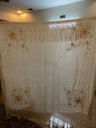 Antique Chinese Hand Embroidery Pure Silk Piano Shawl 63 X 63 Fringe 9 Inches