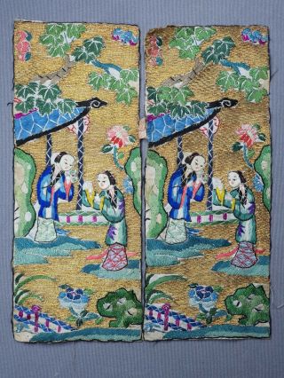 A Fine 19th / 20th Century Chinese Embroidered Silk Panels - Figures Bat