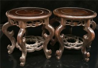 7.  09 " Chinese Handmade Wood Carved Round Base Decor Display Stand A Pair