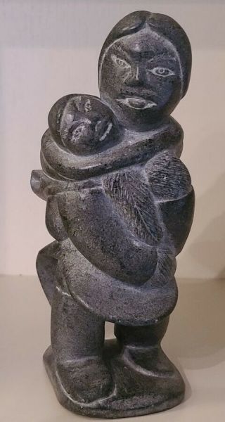 Inuit Eskimo Art Mother And Child Carved Stone Vintage,  Signed 7 3/4 " Tall