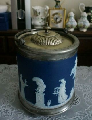 Vintage Wedgwood Jasperware Dark Blue Large Biscuit Jar Ice Bucket,  England