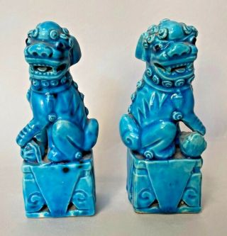 Antique Pair Chinese Porcelain Guardian Lion Foo Dogs Turquoise Blue 1890 - 1911