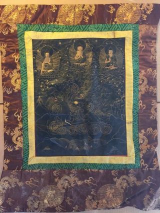 Antique Chinese Qing Dynasty Silk Framed Tibetan Thangka Black Buddha