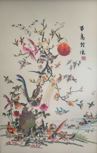 Vintage 1950’s Chinese Silk Embroidery Framed Panel 100 Birds,  29” X 19”