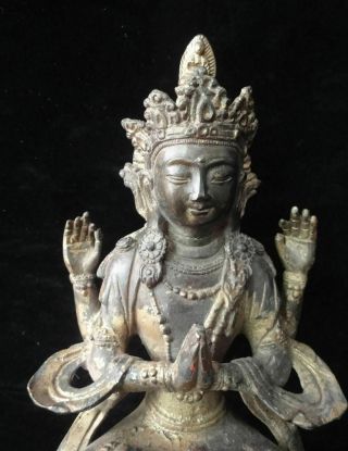 25cm Old Large Chinese Tibetan Gilt Bronze Four Hands " Guanyin " Buddha Statue