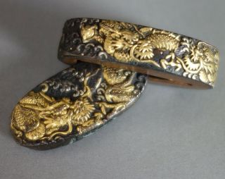 Fuchi Kashira Japanese Samurai Dragon Cloud Gold Inlay Sword Fitting Tsuba