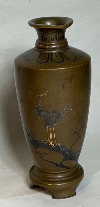 Japanese Meiji Bronze,  Silver Inlayed And Mixed Metal Bud Vase Signed