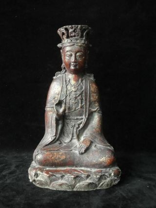 Old Chinese Gilt Bronze " Guanyin " Buddha Seated Statue " Qianlong " Mark