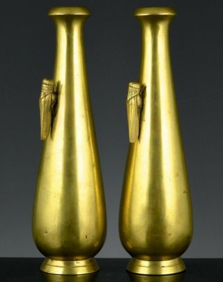 Antique Japanese Edo To Meiji Golden Bronze Grasshopper Figural Slender Vases