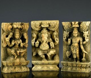 Set Of Three Antique Indian Hindu Wood Carved Buddha Buddhist Wall Panels
