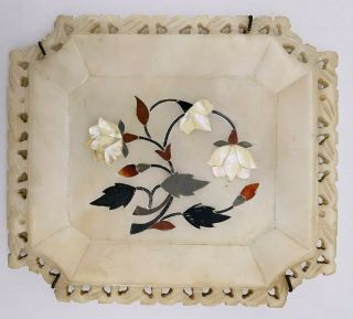 Vtg White Marble Pietra Dura Wall Art Plate Inlaid Stone Hand Carved Decorator