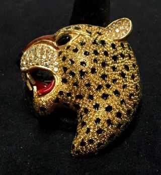 Gorgeous Vintage Ciner Enamel & Crystals Large Leopard Head Brooch Pin