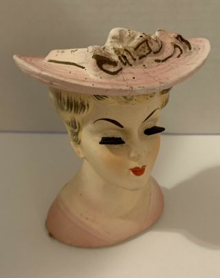 Vintage Elegant Lady Head Vase Pink Dress,  Pink Hat,  Brown Ribbon