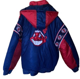 Rare Vtg Cleveland Indians Chief Wahoo Winter Hooded Puffy Reversible Coat - L