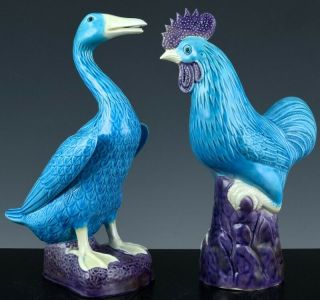 Fine Quality Pair Chinese Royal Blue Glaze Duck & Rooster Porcelain Figures