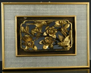 Antique 19c Chinese Gold Gilt Lacquered Carved Bird Landscape Wood Wall Plaque 2