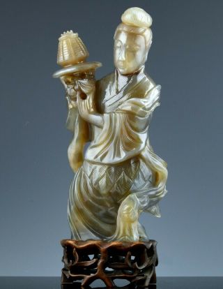 Antique Chinese Carved Caramel Agate Hardstone Figure With Basket Stand