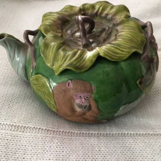 Vintage Antique Japanese Banko Ware Pottery Tea Pot Pumpkin See No Evil Monkey