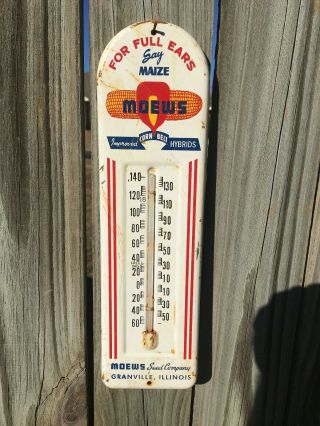 Vintage Metal Moews Seed Corn Sign Thermometer Farm Agriculture
