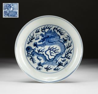 Chinese Antique Blue White Porcelain Dragon Plate