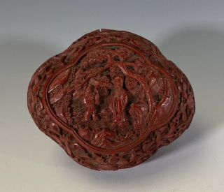 Antique Chinese Carved Cinnabar Lacquer Lobed Box With Figures Qing