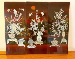 Vintage 3 Chinese Lacquer Mother Of Pearl Wall Hanging Plaque Oriental Art