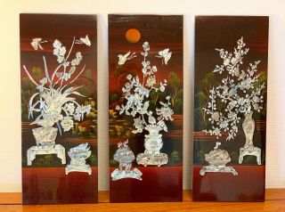Vintage 3 Chinese Lacquer Mother Of Pearl Wall Hanging Plaque Oriental Art 2
