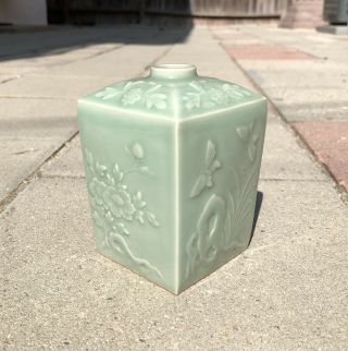 Antique Chinese Japanese Green Celadon Porcelain Square Bottle Vase Butterfly