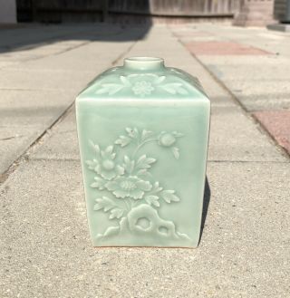 Antique Chinese Japanese Green Celadon Porcelain Square Bottle Vase Butterfly 2
