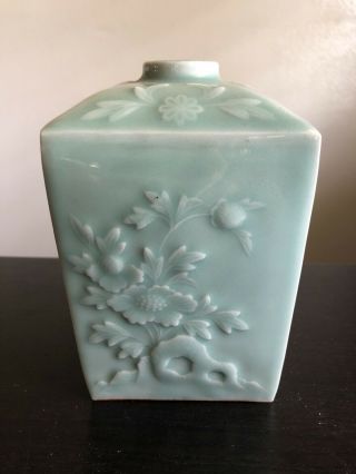 Antique Chinese Japanese Green Celadon Porcelain Square Bottle Vase Butterfly 3