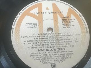 Nine Below Zero - Live at the Marquee 12” LP A&M Records 3