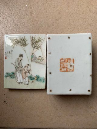 Antique Chinese Famille Rose Porcelain Ink Box Painted Figures Red Stamp Mark