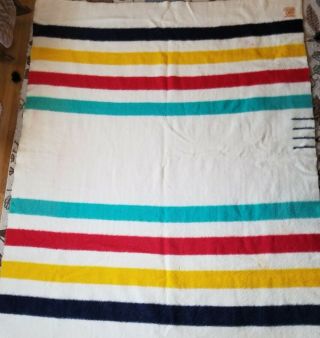 Vintage Hudson Bay 4 Point 100 Wool 88 X 70 Striped Blanket.  Made In England